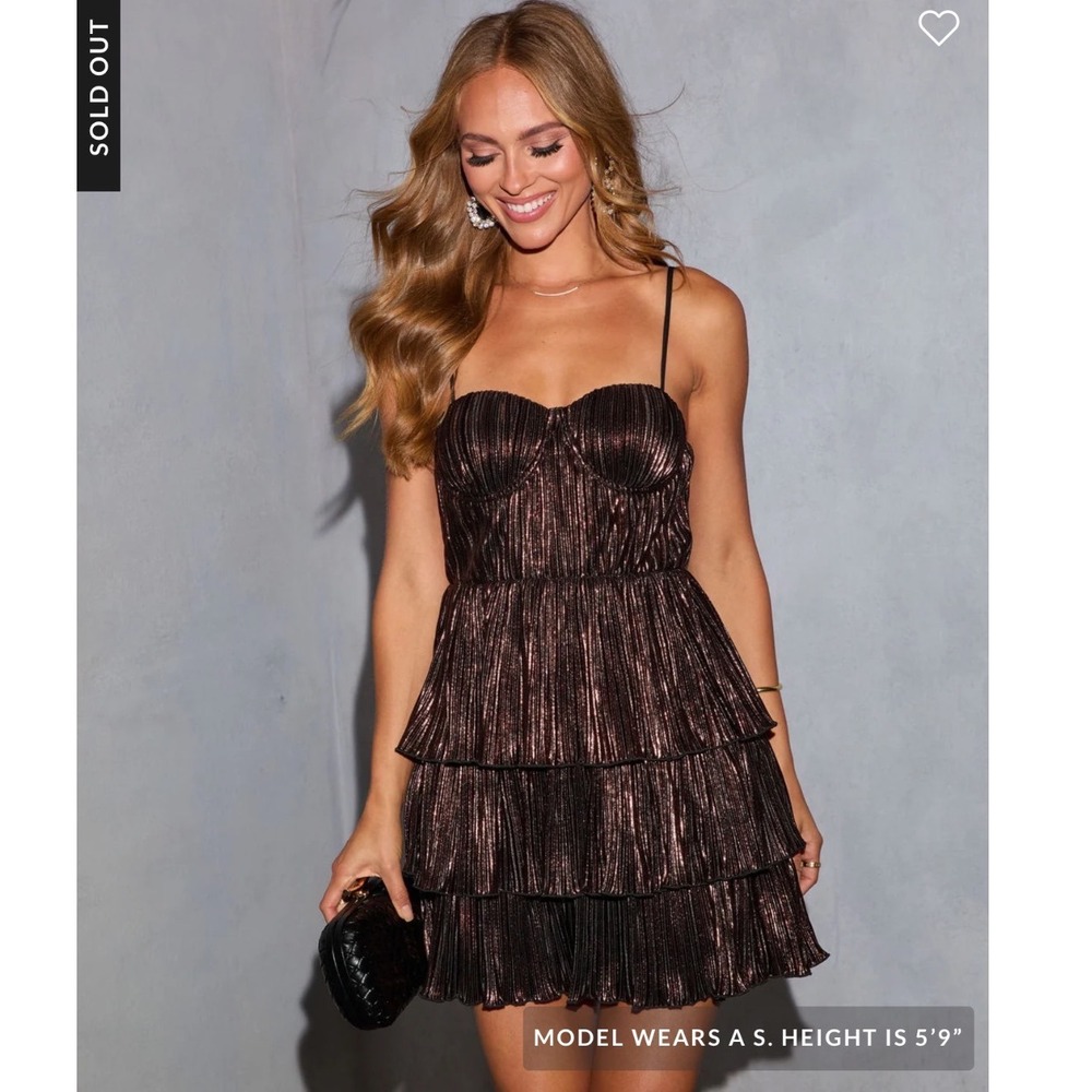 VICI Winter Wishes Tiered Metallic Plisse Mini Dress Chocolate Brown Small